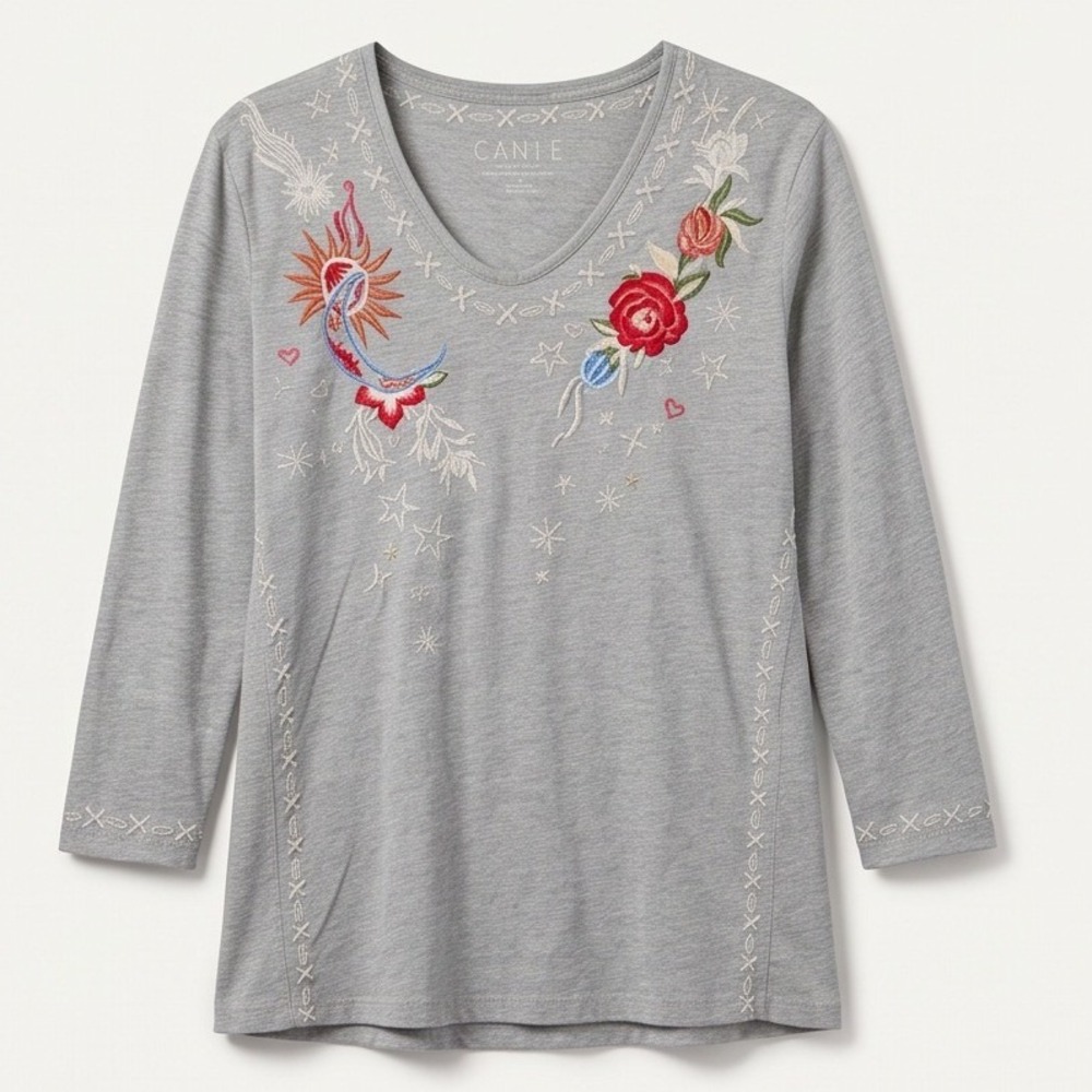 Caite Mia S Top Heather Grey Embroidered Sun Moon Floral CTC0923 Small NWT